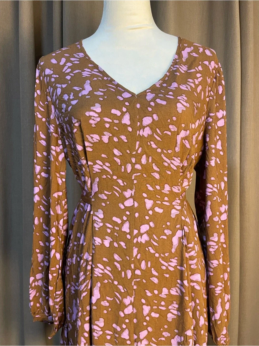 Nine West Brown Floral V-Neck Long-Sleeve Dress with Pink Print